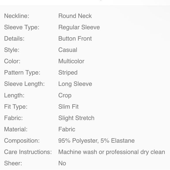 Striped Long Sleeve Cropped Top with Button Front Detail. NWOT- Never Worn - Picture 4 of 6